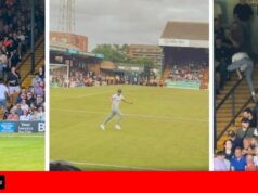 O invasor do campo ataca os fãs do West Ham e é capturado pelos comissários do Southend