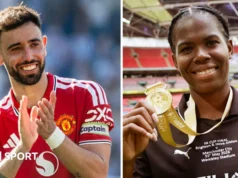 PFA Awards 2026: Bruno Fernandes e Khadija Shaw eleitos Jogador do Ano PFA Awards 2026: Bruno Fernandes and Khadija Shaw win player of the year awards