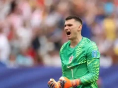 Mudança de Dominic Livakovic para Barcelona: próximos passos Dominik Livakovic shouting while wearing a green Croatia goalkeeper jersey and gloves during a match