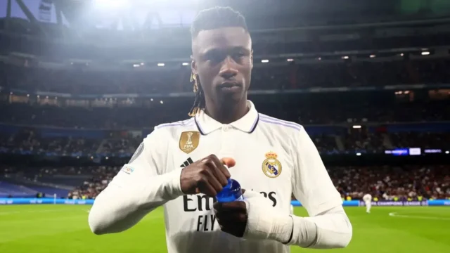 Camavinga to Manchester United: Reported £42.7m offer Eduardo Camavinga in a white Real Madrid kit holding a water bottle on the pitch