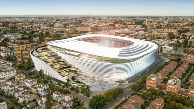 Pablo García: Betis-Hull City Transfer Talks Aerial architectural rendering of the modern Estadio Benito Villamarín stadium in Seville