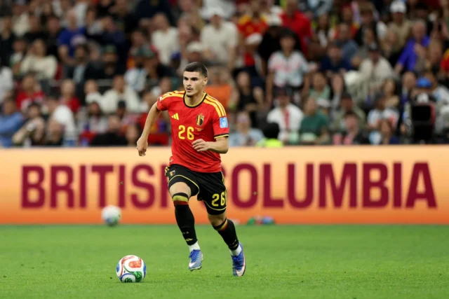 Matias Fernandez-Pardo of Belgium controls the ball during the FIFA World Cup 2026 Group G match between New Zealand and Belgium at BC Place Vancouver on June 26, 2026 in Vancouver, British Columbia.