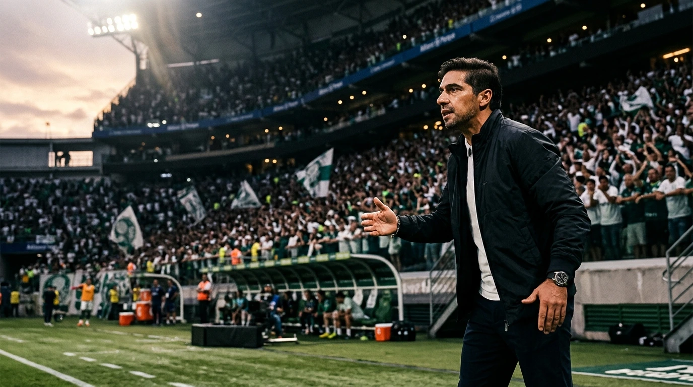 Treinador de futebol na área técnica, à beira do campo, durante partida noturna com estádio lotado ao fundo.