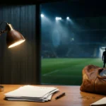 Documentos de transferência, mala e relógio em estádio europeu à noite, com silhueta de jogador ao fundo.