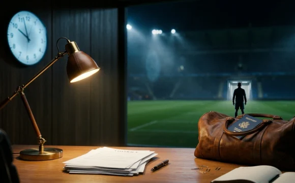 Documentos de transferência, mala e relógio em estádio europeu à noite, com silhueta de jogador ao fundo.