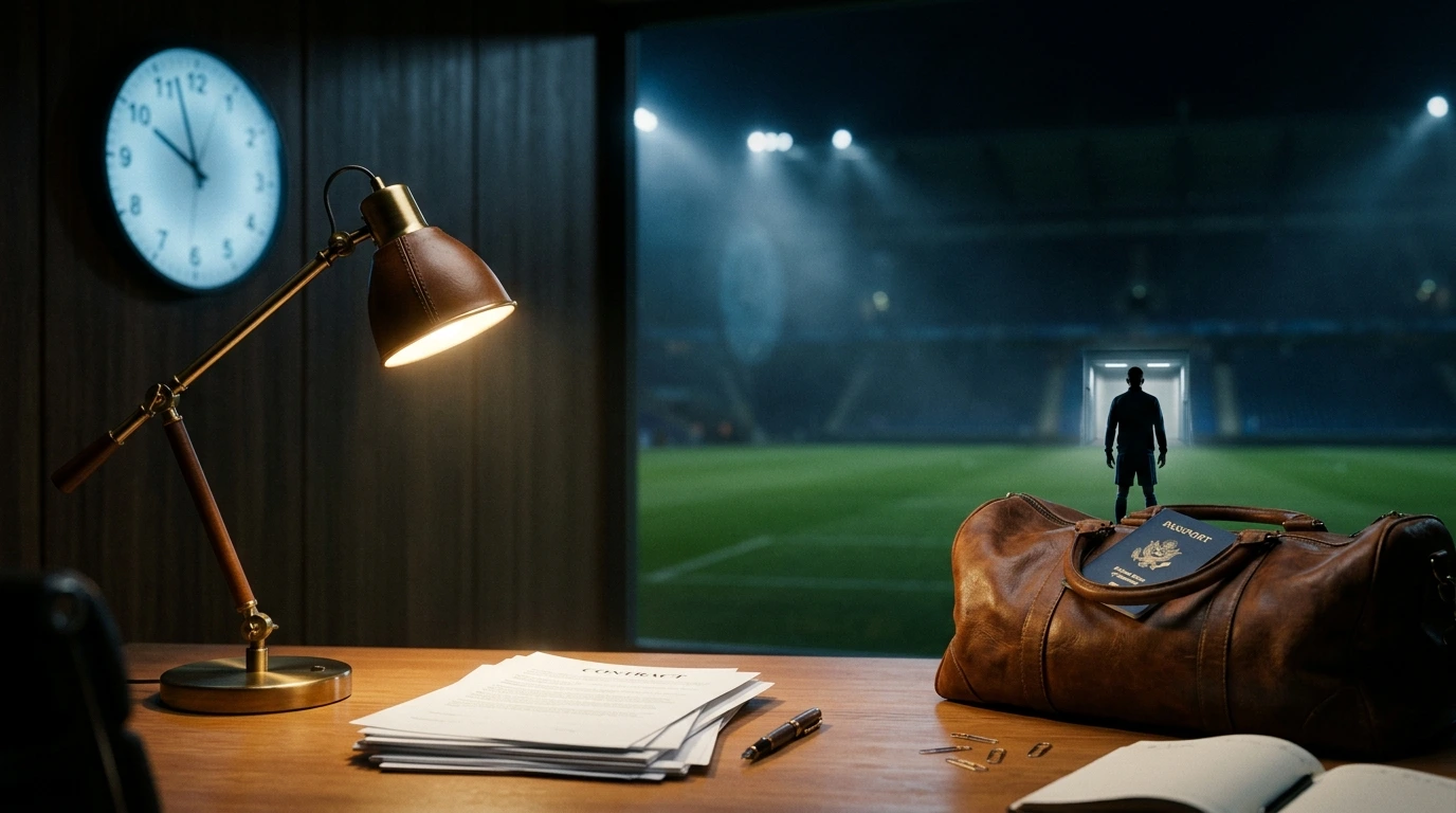 Documentos de transferência, mala e relógio em estádio europeu à noite, com silhueta de jogador ao fundo.