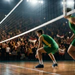 Jovens jogadores de vôlei em uniforme verde e amarelo concentrados junto à rede, com arquibancada lotada ao fundo.