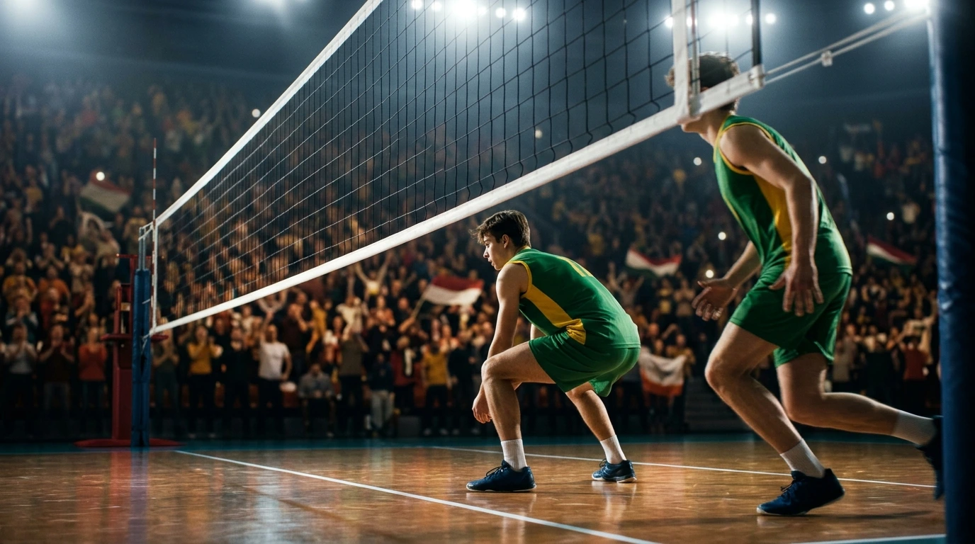 Jovens jogadores de vôlei em uniforme verde e amarelo concentrados junto à rede, com arquibancada lotada ao fundo.