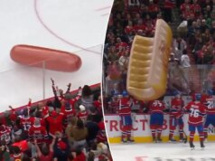 Cena ‘louca’ mostra cachorro-quente inflável e pão caindo no gelo no jogo dos Canadiens Cena 'louca' mostra cachorro-quente inflável e pão caindo no gelo no jogo dos Canadiens