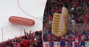 Cena ‘louca’ mostra cachorro-quente inflável e pão caindo no gelo no jogo dos Canadiens Cena 'louca' mostra cachorro-quente inflável e pão caindo no gelo no jogo dos Canadiens