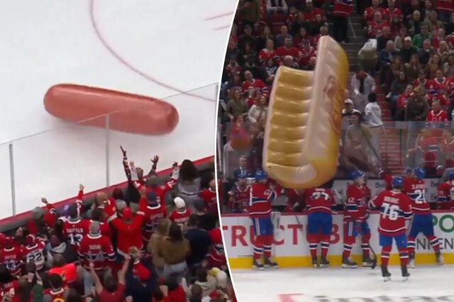 Cena ‘louca’ mostra cachorro-quente inflável e pão caindo no gelo no jogo dos Canadiens