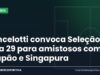 Ancelotti convoca Seleção dia 29 para amistosos com Japão e Singapura Arte da Manchete Esportiva sobre a convocação da Seleção Brasileira por Carlo Ancelotti
