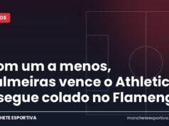 Com um a menos, Palmeiras vence o Athletico e segue colado no Flamengo Arte da Manchete Esportiva sobre a vitória do Palmeiras por 2 a 0 sobre o Athletico-PR