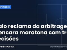 Galo reclama da arbitragem e encara maratona com três decisões Arte da Manchete Esportiva sobre a agenda do Atlético-MG com clássico, Copa do Brasil e final da Sul-Americana