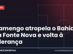Flamengo atropela o Bahia na Fonte Nova e volta à liderança Arte da Manchete Esportiva sobre a vitória do Flamengo por 3 a 0 sobre o Bahia na Fonte Nova