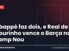 Mbappé faz dois, e Real de Mourinho vence o Barça no Camp Nou Arte da Manchete Esportiva sobre a vitória do Real Madrid contra o Barcelona no Clássico com gols de Mbappé