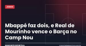 Mbappé faz dois, e Real de Mourinho vence o Barça no Camp Nou Arte da Manchete Esportiva sobre a vitória do Real Madrid contra o Barcelona no Clássico com gols de Mbappé