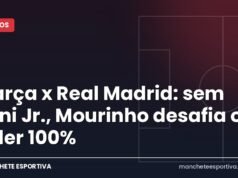 Barça x Real Madrid: sem Vini Jr., Mourinho desafia o líder 100% Arte da Manchete Esportiva sobre o Clássico Barcelona x Real Madrid no Camp Nou sem Vinícius Júnior