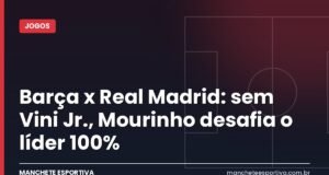Barça x Real Madrid: sem Vini Jr., Mourinho desafia o líder 100% Arte da Manchete Esportiva sobre o Clássico Barcelona x Real Madrid no Camp Nou sem Vinícius Júnior