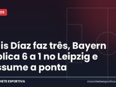 Luis Díaz faz três, Bayern aplica 6 a 1 no Leipzig e assume a ponta Arte da Manchete Esportiva sobre a goleada do Bayern sobre o RB Leipzig