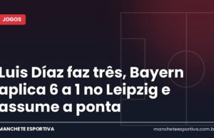 Luis Díaz faz três, Bayern aplica 6 a 1 no Leipzig e assume a ponta Arte da Manchete Esportiva sobre a goleada do Bayern sobre o RB Leipzig