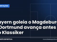 Bayern goleia o Magdeburg e Dortmund avança antes do Klassiker Arte da Manchete Esportiva sobre as vitórias de Bayern e Dortmund na Copa da Alemanha antes do Klassiker