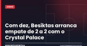 Com dez, Besiktas arranca empate de 2 a 2 com o Crystal Palace Arte da Manchete Esportiva sobre Besiktas x Crystal Palace, empate por 2 a 2 na Liga Europa