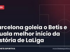 Barcelona goleia o Betis e iguala melhor início da história de LaLiga Arte da Manchete Esportiva sobre o empate entre Leeds e Manchester United