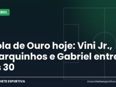 Bola de Ouro hoje: Vini Jr., Marquinhos e Gabriel entre os 30 Arte da Manchete Esportiva sobre a cerimônia da Bola de Ouro 2026 em Londres com indicados brasileiros