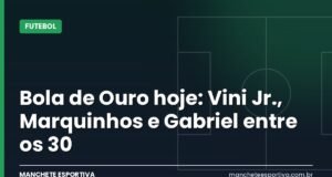Bola de Ouro hoje: Vini Jr., Marquinhos e Gabriel entre os 30 Arte da Manchete Esportiva sobre a cerimônia da Bola de Ouro 2026 em Londres com indicados brasileiros