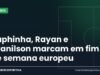 Raphinha, Rayan e Evanilson marcam em fim de semana europeu Arte da Manchete Esportiva sobre os brasileiros na Europa com gols de Raphinha, Rayan, Evanilson e Douglas Luiz