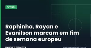 Raphinha, Rayan e Evanilson marcam em fim de semana europeu Arte da Manchete Esportiva sobre os brasileiros na Europa com gols de Raphinha, Rayan, Evanilson e Douglas Luiz