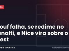 Diouf falha, se redime no pênalti, e Nice vira sobre o Brest Arte da Manchete Esportiva sobre a virada do Nice contra o Brest pela Ligue 1 francesa
