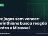 Dez jogos sem vencer: Corinthians busca reação contra o Mirassol Arte da Manchete Esportiva sobre o Corinthians no Z-4 e o jogo contra o Mirassol na luta contra o rebaixamento