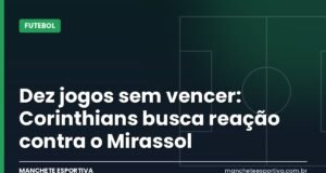 Dez jogos sem vencer: Corinthians busca reação contra o Mirassol Arte da Manchete Esportiva sobre o Corinthians no Z-4 e o jogo contra o Mirassol na luta contra o rebaixamento
