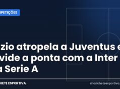 Lazio atropela a Juventus e divide a ponta com a Inter na Serie A Arte da Manchete Esportiva sobre a vitória da Lazio sobre a Juventus e a liderança dividida com a Inter