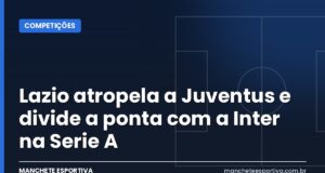Lazio atropela a Juventus e divide a ponta com a Inter na Serie A Arte da Manchete Esportiva sobre a vitória da Lazio sobre a Juventus e a liderança dividida com a Inter