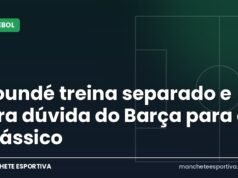 Koundé treina separado e vira dúvida do Barça para o Clássico Arte da Manchete Esportiva sobre a dúvida de Koundé no Barcelona para o Clássico contra o Real Madrid