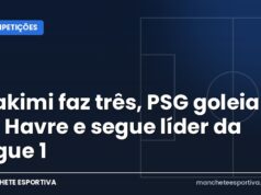 Hakimi faz três, PSG goleia o Le Havre e segue líder da Ligue 1 Arte da Manchete Esportiva sobre a goleada Le Havre 1 x 5 PSG com hat-trick de Hakimi na Ligue 1