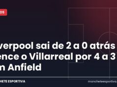 Liverpool sai de 2 a 0 atrás e vence o Villarreal por 4 a 3 em Anfield Jogadores do Liverpool comemoram gol contra o Villarreal em Anfield
