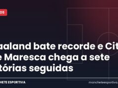 Haaland bate recorde e City de Maresca chega a sete vitórias seguidas Arte da Manchete Esportiva sobre o recorde de Haaland na vitória do Manchester City sobre o Ipswich