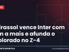 Mirassol vence Inter com um a mais e afunda o Colorado no Z-4 Arte da Manchete Esportiva sobre a vitória do Mirassol por 2 a 0 sobre o Internacional no Brasileirão