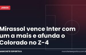 Mirassol vence Inter com um a mais e afunda o Colorado no Z-4 Arte da Manchete Esportiva sobre a vitória do Mirassol por 2 a 0 sobre o Internacional no Brasileirão