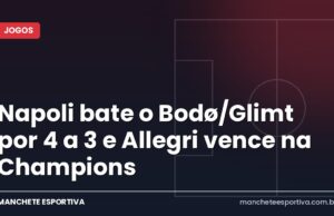 Napoli bate o Bodø/Glimt por 4 a 3 e Allegri vence na Champions Jogadores do Napoli comemoram gol contra o Bodø/Glimt