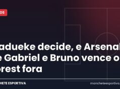Madueke decide, e Arsenal de Gabriel e Bruno vence o Forest fora Arte da Manchete Esportiva sobre a vitória do Arsenal sobre o Nottingham Forest