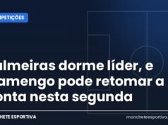 Palmeiras dorme líder, e Flamengo pode retomar a ponta nesta segunda Arte da Manchete Esportiva sobre a briga pelo título do Brasileirão entre Palmeiras e Flamengo na 32ª rodada