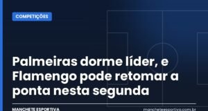 Palmeiras dorme líder, e Flamengo pode retomar a ponta nesta segunda Arte da Manchete Esportiva sobre a briga pelo título do Brasileirão entre Palmeiras e Flamengo na 32ª rodada