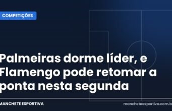 Palmeiras dorme líder, e Flamengo pode retomar a ponta nesta segunda Arte da Manchete Esportiva sobre a briga pelo título do Brasileirão entre Palmeiras e Flamengo na 32ª rodada