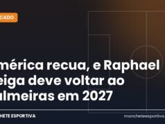 América recua, e Raphael Veiga deve voltar ao Palmeiras em 2027 Arte da Manchete Esportiva sobre a volta de Raphael Veiga ao Palmeiras após empréstimo ao América-MEX