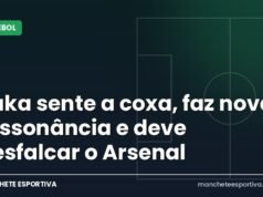 Saka sente a coxa, faz nova ressonância e deve desfalcar o Arsenal Arte da Manchete Esportiva sobre a lesão de Saka antes de Arsenal x Everton pela Premier League